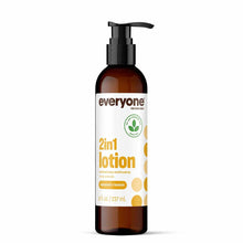 Amber glass pump bottle of Everyone 2in1 lotion in coconut and lemon scent, 8 fl oz size with white label and black pump disp