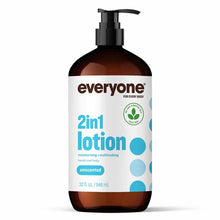 Brown bottle with white and blue label reading "everyone 2in1 lotion, unscented, 32 fl oz" with black pump dispenser.