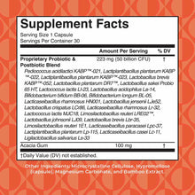 Supplement Facts label showing probiotic and postbiotic blend with 50 billion CFU per capsule on orange patterned background.
