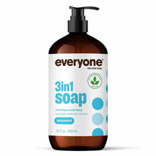 Brown bottle with white label showing "everyone 3in1 soap" in blue text, black pump dispenser, 32 fl oz size.