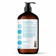 Brown glass pump bottle with white label containing blue circular designs and product information for Everyone 3in1 Soap.