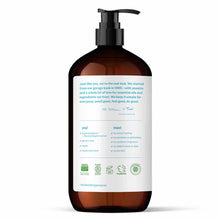 Dark amber pump bottle with white label containing product information and certification badges.