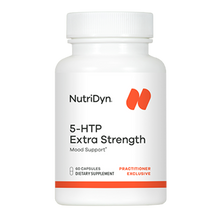White bottle of NutriDyn 5-HTP Extra Strength dietary supplement with white cap and red accent band, containing 60 capsules.