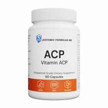 White bottle with white cap labeled "ACP Vitamin ACP" by Systemic Formulas, containing 60 capsules, with orange band at botto