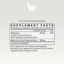 Activated Magnesium supplement facts label showing 250mg magnesium per serving in vegetable capsules with malic acid and othe