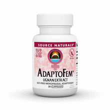 White plastic bottle of Source Naturals AdaptoFem with pink label containing 30 capsules of lignan extract supplement.