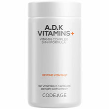 White cylindrical bottle labeled "A.D.K Vitamins+" with text indicating 180 vegetable capsules by Codeage.