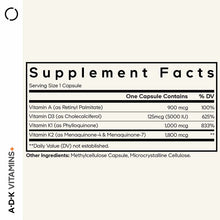 Supplement Facts label for ADK Vitamins showing serving size, vitamin contents, and daily value percentages.
