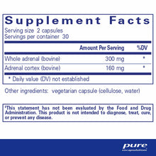 Supplement Facts label for Pure Encapsulations Adrenal showing serving size, ingredients, and FDA disclaimer.