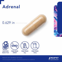 Tan capsule labeled "Adrenal" measuring 0.629 inches with certification badges for gluten-free, GMO-free, soy-free, and dairy