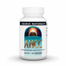 White plastic bottle with Source Naturals AHCC 500 mg dietary supplement label, 60 capsules.