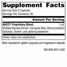 Supplement Facts label for AHCC 500 mg capsules showing serving size, ingredients, and proprietary blend information.