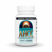 White bottle of Source Naturals AHCC 500 mg dietary supplement with celestial logo label, 60 vegetarian capsules.