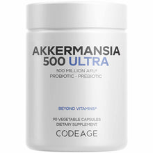 White supplement bottle labeled Akkermansia 500 Ultra by Codeage, containing 90 vegetable capsules.