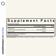 Supplement Facts label for Akkermansia 500 Ultra showing serving size, active ingredients, and other ingredients.