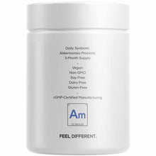 White supplement bottle with text describing daily synbiotic Akkermansia probiotic, 3-month supply, vegan and allergen-free.