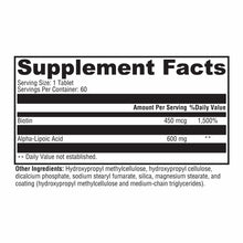 Supplement Facts label for ALAmax CR tablet showing Biotin 450 mcg and Alpha-Lipoic Acid 600 mg per serving with 60 servings