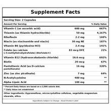 Supplement Facts label showing ingredients and daily values for a 60-capsule bottle with vitamins, minerals, and botanical ex