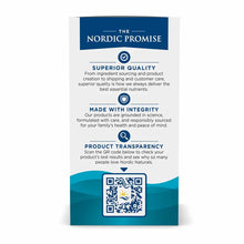 Nordic Naturals product packaging with "The Nordic Promise" messaging, quality assurances, and QR code for product transparen