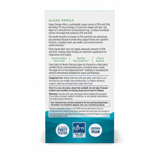 Algae Omega supplement bottle by Nordic Naturals with product information and certification badges on white and teal backgrou