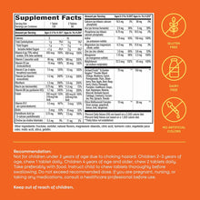 Supplement Facts label for Alive Kids Chewable Complete Multivitamin on orange background with gluten-free, dairy-free, and n