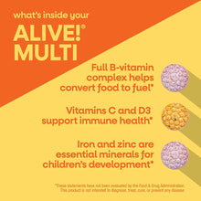 Alive! Multi chewable vitamins packaging with orange and yellow background showing three round vitamin tablets in purple and
