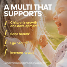 Child in profile outdoors with text listing multivitamin benefits including growth, bone health, eye health, and immune healt