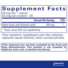 Supplement Facts label for Alpha Lipoic Acid 100 mg by Pure Encapsulations showing serving size, ingredients, and FDA disclai