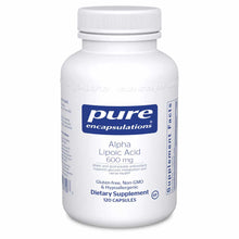 White bottle of Pure Encapsulations Alpha Lipoic Acid 600 mg dietary supplement containing 120 capsules.