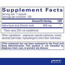 Supplement Facts label for Alpha Lipoic Acid 600 mg capsules showing serving size, ingredients, and FDA disclaimer.