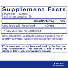 Supplement Facts label showing Alpha Lipoic Acid 600 mg per capsule, 60 servings per container, with ingredients and FDA disc