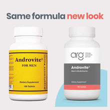 Androvite Men's Multivitamin 180 tablets bottle by Allergy Research Group shown in old yellow and new white packaging designs
