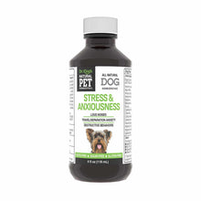 Dark glass bottle with white cap labeled "Stress & Anxiousness" dog homeopathic remedy, 4 fl oz.