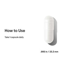 White oval capsule displayed against a white background with dimensions and usage instructions.