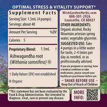 Wishgarden Herbs Ashwagandha supplement label showing supplement facts, ingredients, and usage instructions on purple starry