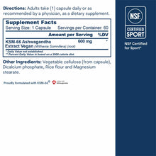 Supplement facts label for ashwagandha capsules showing 600mg extract per serving, NSF Certified for Sport badge, and ingredi