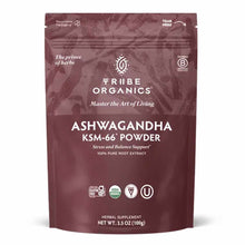 Burgundy pouch of Tribe Organics Ashwagandha KSM-66 Powder, 3.5 oz, with tear-open top and certification badges.