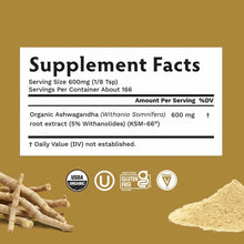 Supplement Facts label for Ashwagandha KSM-66 powder with certification badges and ashwagandha root pieces and powder visible