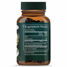 Amber glass bottle with green cap containing dark capsules, Supplement Facts label visible on front.