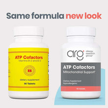 Two white bottles of ATP Cofactors tablets by Allergy Research Group, one with yellow label and one with updated design.