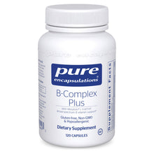 White plastic bottle with white screw-on cap labeled "Pure Encapsulations B-Complex Plus" dietary supplement containing 120 c
