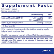 Supplement Facts label showing B12 Folate capsule nutrition information with 60 servings per container and Pure Encapsulation