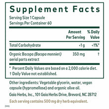 Supplement Facts label for Gaia Herbs Bacopa showing 60 servings per container with 350 mg organic bacopa extract per capsule