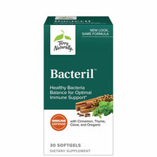 Green box of Terry Naturally Bacteril softgels with cinnamon sticks and herbs displayed on packaging.