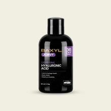 Black bottle of Baxyl Joint liquid oral hyaluronic acid supplement, 6 fl oz, with purple and gold labeling.