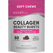 NeoCell Collagen Beauty Bursts soft chews package in magenta and gray with 60 fruit punch flavored chews shown.