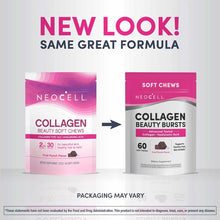 Two NeoCell Collagen Beauty Bursts soft chew packages shown side-by-side, old and new design, in pink and white packaging.