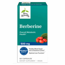 Terry Naturally Berberine 500 mg supplement bottle containing 60 vegan capsules with teal packaging and red berries image.