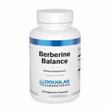White bottle with blue band containing Berberine Balance dietary supplement capsules by Douglas Laboratories.