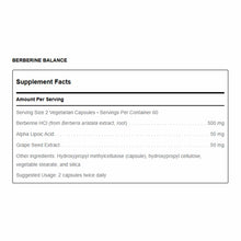 Supplement Facts label for Berberine Balance showing serving size of 2 vegetarian capsules, 60 servings per container, with i